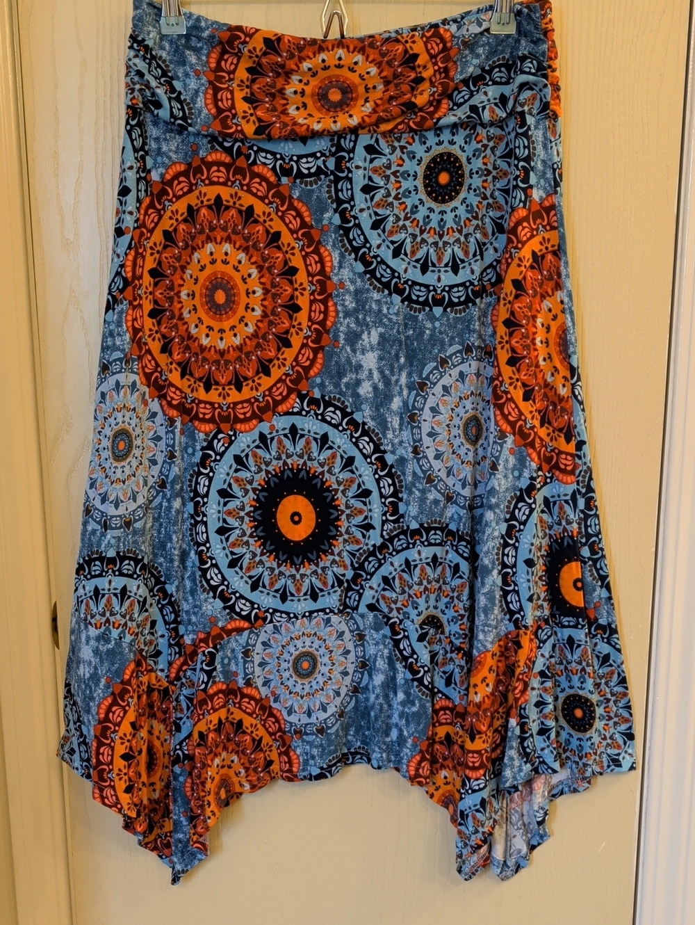 PrinStory Bohemian Medallion Print Handkerchief Hem Midi Skirt Women’s XL